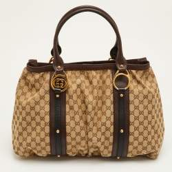 مملوكة مسبقًا حقيبة يد غوتشي كبيرة قماش جي جي بني / بيج وجلد بشعار جي متداخل