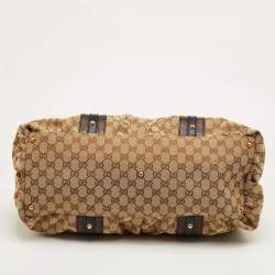 مملوكة مسبقًا حقيبة يد غوتشي كبيرة قماش جي جي بني / بيج وجلد بشعار جي متداخل