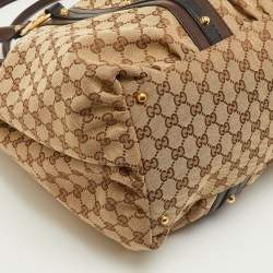 مملوكة مسبقًا حقيبة يد غوتشي كبيرة قماش جي جي بني / بيج وجلد بشعار جي متداخل
