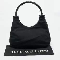 مملوكة مسبقًا حقيبة يد غوتشي توت نايلون أسود بمقبض من الخيزران