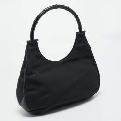 مملوكة مسبقًا حقيبة يد غوتشي توت نايلون أسود بمقبض من الخيزران