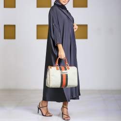 Pre Owned Gucci Joy Web Stripe Orange/Off White GG Supreme Canvas and Leather Boston Bag