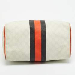 Pre Owned Gucci Joy Web Stripe Orange/Off White GG Supreme Canvas and Leather Boston Bag