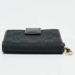 Pre Owned Gucci Boot Charm Black GG Canvas and Leather Flap Compact Wallet