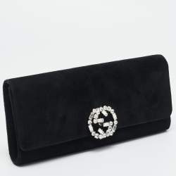 مملوكة مسبقًا Gucci Broadway Black Suede Suede Crystal GG Clutch