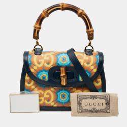 Pre Owned حقيبة غوتشي يد علوية خشب خيزران 1947 كاليادوسكوب قماش مطلي GG متوسطة زرقاء الذكرى المئوية