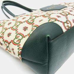 Pre Owned Gucci 100th Anniversary Model Canvas Leather Tote Bag Green Light Beige