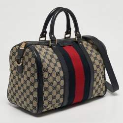 Pre Owned Gucci Joy Medium Navy Blue GG Canvas and Leather Boston Bag