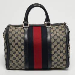 Pre Owned Gucci Joy Medium Navy Blue GG Canvas and Leather Boston Bag