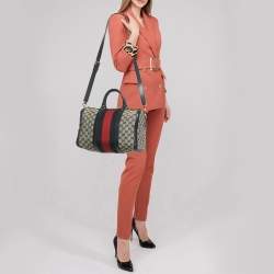 Pre Owned Gucci Joy Medium Navy Blue GG Canvas and Leather Boston Bag