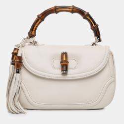 Pre Owned Gucci White Medium Calfskin New Bamboo Top Handle Bag