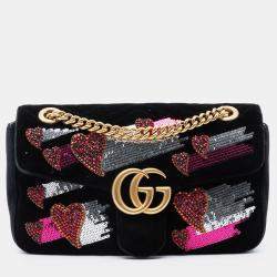 مملوكة مسبقًا Gucci Black Medium GG Marmont Matelasse Velvet Sequin Embellished Shoulder Bag