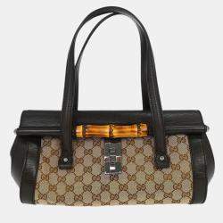 Pre Owned Gucci Beige Black Bamboo Gg Handbag