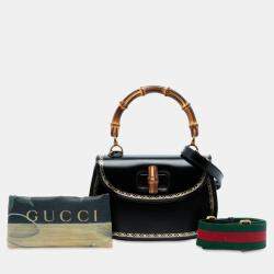 Pre Owned Gucci Black Calfskin Frame Print Bamboo Top Handle Bag