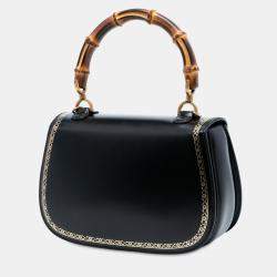 Pre Owned Gucci Black Calfskin Frame Print Bamboo Top Handle Bag