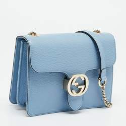 Pre Owned Gucci Dollar Interlocking G Small Light Blue Leather Shoulder Bag