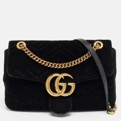 مملوكة مسبقًا Gucci GG Marmont Flap Medium Black Matelassé Velvet Shoulder Bag