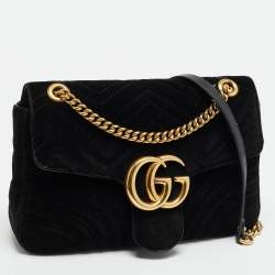 مملوكة مسبقًا Gucci GG Marmont Flap Medium Black Matelassé Velvet Shoulder Bag