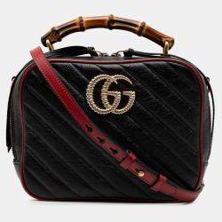 Pre Owned Gucci Black Small GG Marmont Matelasse Diagonal Leather Torchon Bamboo Satchel