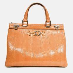 Pre Owned Gucci Brown Grained Leather Interlocking G Horsebit Zumi Medium Tote with Strap
