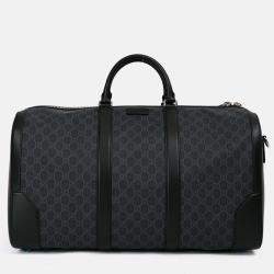 Pre Owned Gucci Black GG Supreme Canvas Leather Trimmed Large Duffle Bag with Web Canvas Shoulder Strap