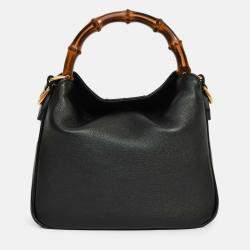 Pre Owned Gucci Black Leather Bamboo Handle Double G Small 'Diana' Bag with Strap