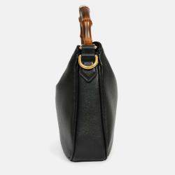Pre Owned Gucci Black Leather Bamboo Handle Double G Small 'Diana' Bag with Strap