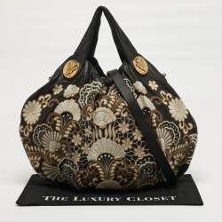 Pre Owned Gucci Embroidered Hysteria Black Leather Hobo
