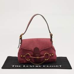 Pre Owned Gucci Horsebit Chain Small Dark Pink/Red GG Canvas Shoulder Bag