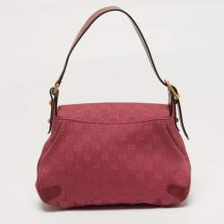 Pre Owned Gucci Horsebit Chain Small Dark Pink/Red GG Canvas Shoulder Bag