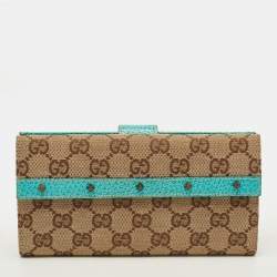 Pre Owned Gucci Studded Flap Beige/Turquoise GG Canvas and Leather French Continental Wallet