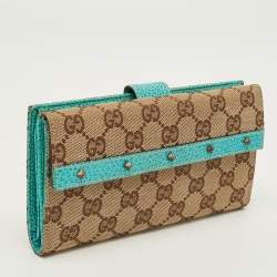 Pre Owned Gucci Studded Flap Beige/Turquoise GG Canvas and Leather French Continental Wallet