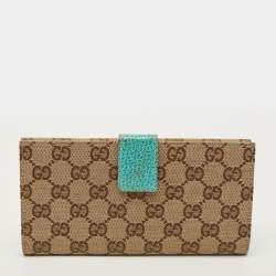 Pre Owned Gucci Studded Flap Beige/Turquoise GG Canvas and Leather French Continental Wallet