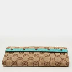 Pre Owned Gucci Studded Flap Beige/Turquoise GG Canvas and Leather French Continental Wallet