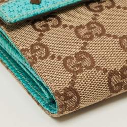 Pre Owned Gucci Studded Flap Beige/Turquoise GG Canvas and Leather French Continental Wallet