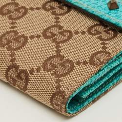 Pre Owned Gucci Studded Flap Beige/Turquoise GG Canvas and Leather French Continental Wallet