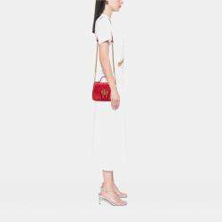 Pre Owned حقيبة غوتشي جلد أحمر صغير ميني GG مارمونت ميتلاسي يد علوية