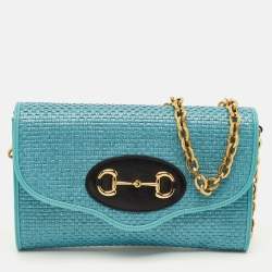 Pre Owned Gucci Horsebit 1955 Blue Woven Straw Chain Clutch