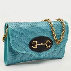 Pre Owned حقيبة كلتش غوتشي سلسلة هورسبيت قش منسوج أزرق 1955