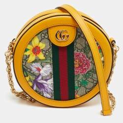 مملوكة مسبقًا Gucci Ophidia Flora Mini Yellow GG Supreme Canvas and Leather Round Bag