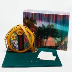 Pre Owned Gucci Ophidia Flora Mini Yellow GG Supreme Canvas and Leather Round Bag