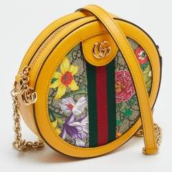 Pre Owned Gucci Ophidia Flora Mini Yellow GG Supreme Canvas and Leather Round Bag