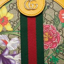 Pre Owned Gucci Ophidia Flora Mini Yellow GG Supreme Canvas and Leather Round Bag