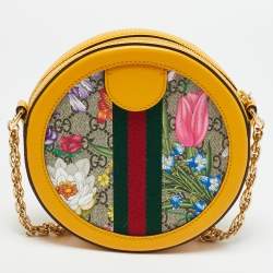 Pre Owned Gucci Ophidia Flora Mini Yellow GG Supreme Canvas and Leather Round Bag