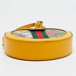 Pre Owned Gucci Ophidia Flora Mini Yellow GG Supreme Canvas and Leather Round Bag