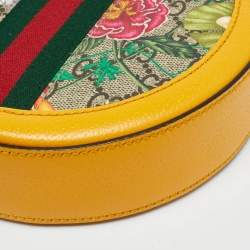 Pre Owned Gucci Ophidia Flora Mini Yellow GG Supreme Canvas and Leather Round Bag