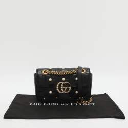 Pre Owned Gucci GG Pearl Marmont Flap Mini Black Matelassé Leather Shoulder Bag