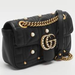 Pre Owned Gucci GG Pearl Marmont Flap Mini Black Matelassé Leather Shoulder Bag