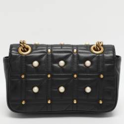 Pre Owned Gucci GG Pearl Marmont Flap Mini Black Matelassé Leather Shoulder Bag