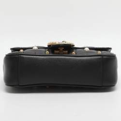 Pre Owned Gucci GG Pearl Marmont Flap Mini Black Matelassé Leather Shoulder Bag